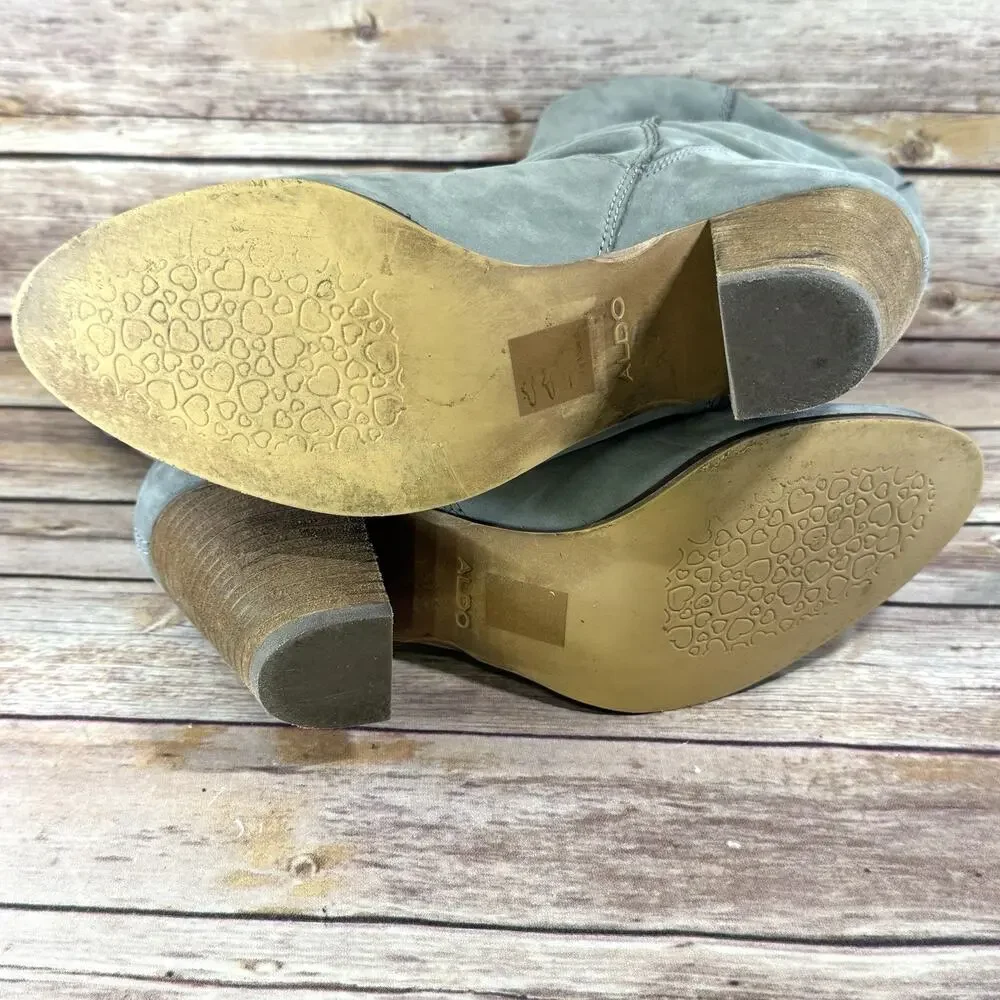 Aldo Womens Sage Green Soft Suede Stacked Heel Wood Stacked Heel Boots 10